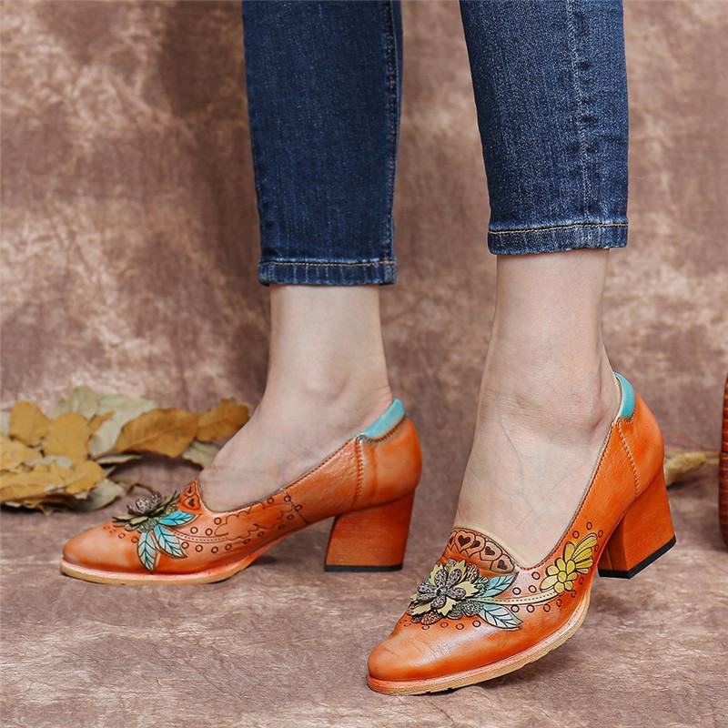 Retro Splicing Floral Leather Slip On Block Heel Pumps Dress Shoes