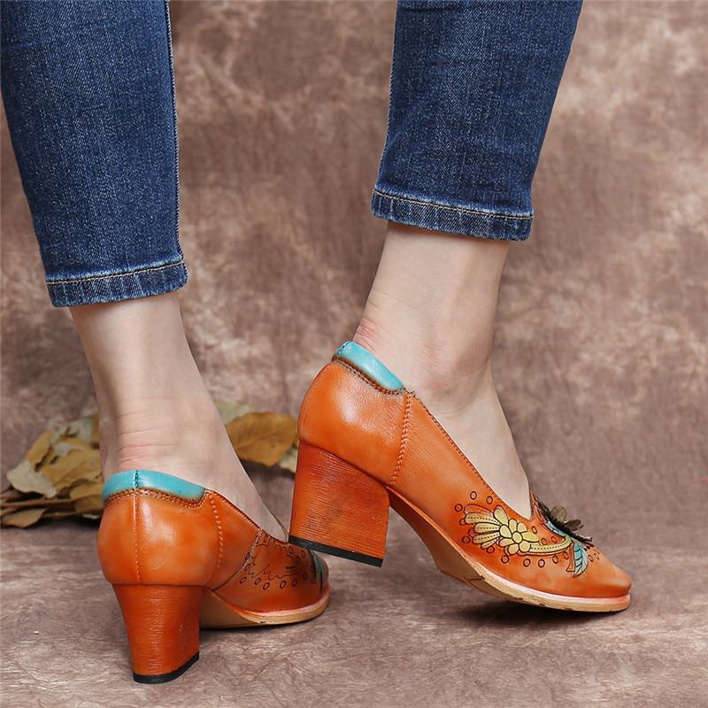 Retro Splicing Floral Leather Slip On Block Heel Pumps Dress Shoes