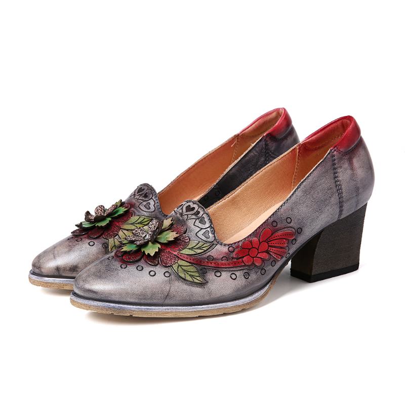 Retro Splicing Floral Leather Slip On Block Heel Pumps Dress Shoes