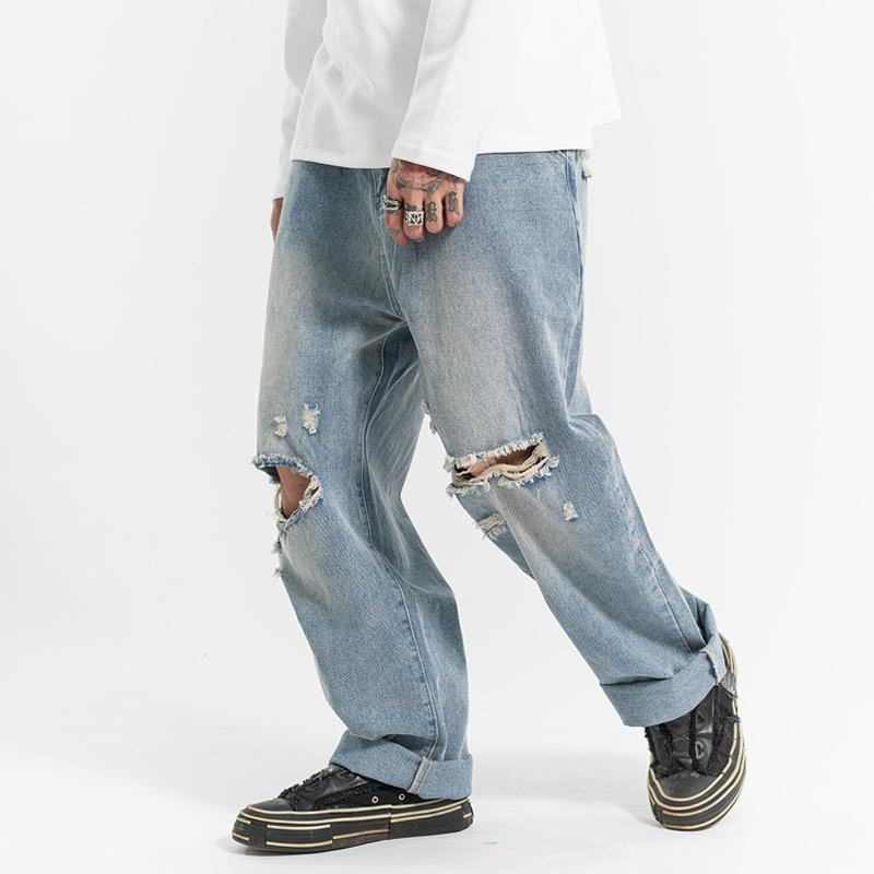 Ripped Casual All-match Jeans Męskie Proste Pranie W Wodzie Luźne Spodnie Do Mopów Dla Tatusia