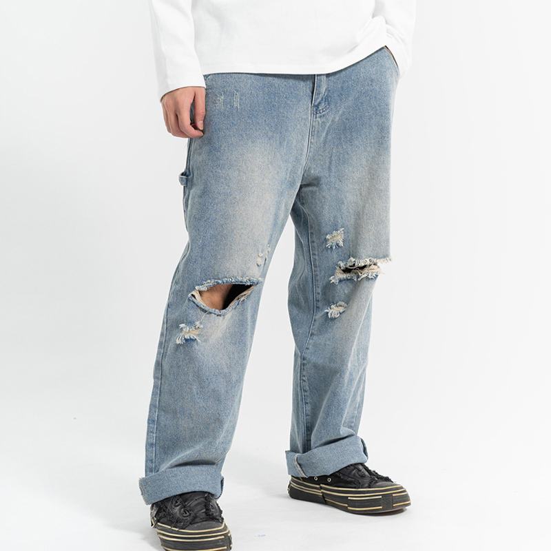 Ripped Casual All-match Jeans Męskie Proste Pranie W Wodzie Luźne Spodnie Do Mopów Dla Tatusia