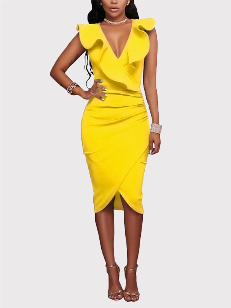 Żółta Sukienka Midi Z Nieregularnym Dekoltem I Skrzyżowanym Przodem