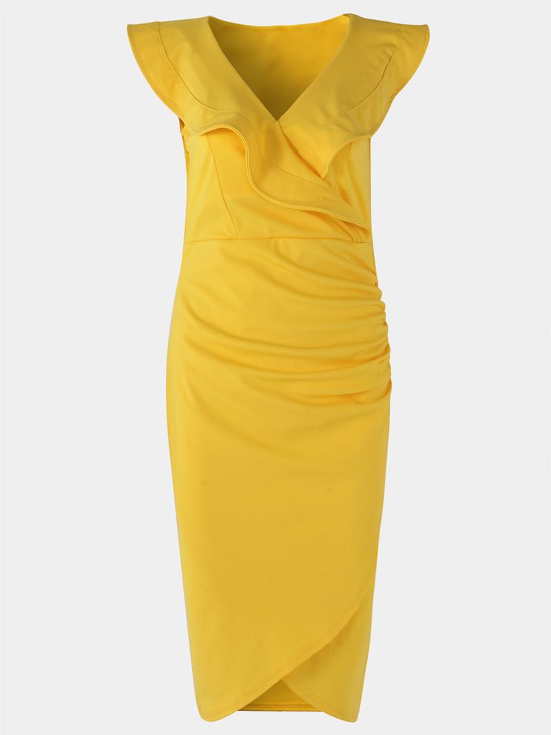 Żółta Sukienka Midi Z Nieregularnym Dekoltem I Skrzyżowanym Przodem