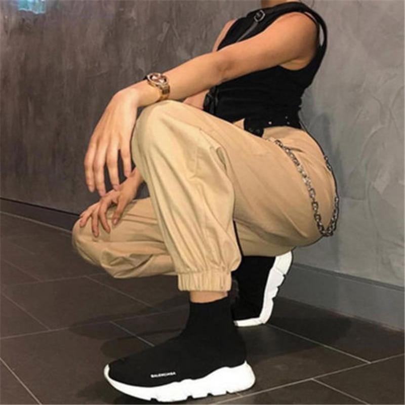 S-2xl Spodnie Plus Size Damskie Dorywczo Spodnie Cargo Z Wysokim Stanem Damskie Luźne Solidne CZarne Spodnie Khaki Z Kieszeniami W Pasie Dna