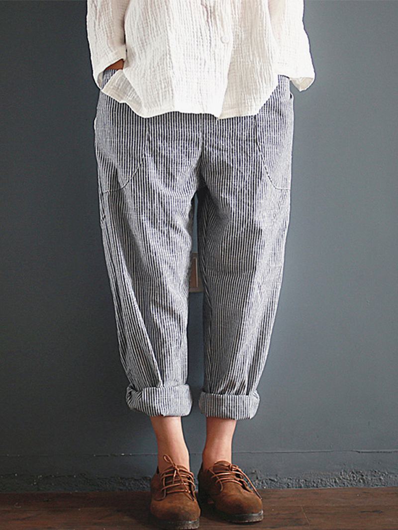 S-5xl Casual Stripe Pocket Elastyczny Pas Kobiety Harem Pants