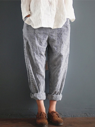 S-5xl Casual Stripe Pocket Elastyczny Pas Kobiety Harem Pants