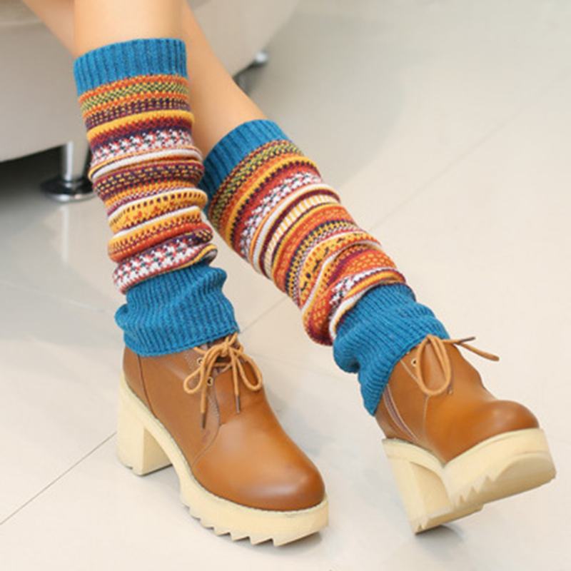 Senshoes Vintage Color Striped Moda Piles Skarpetki Buty Legginsy Koreańskie Nogi