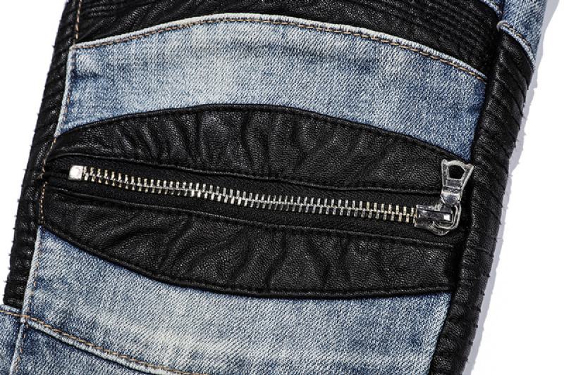 Skórzana Naszywka W Stylu High Street Zipper Motocyklowe Dżinsy Z Małymi Stopami Slim Stretch