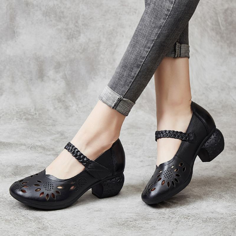 Skórzane Wycięcie W Kwiatowy Pleciony Regulowany Pasek Na Kostce Chunky Heel D'orsay Pumps