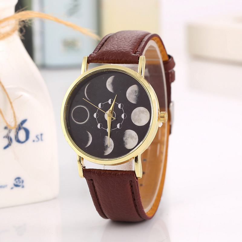 Solar Moon Phase Lunar Eclipse Unisex Watch Skórzany Pasek Kwarcowy Zegarek Dla Kobiet Mężczyzn