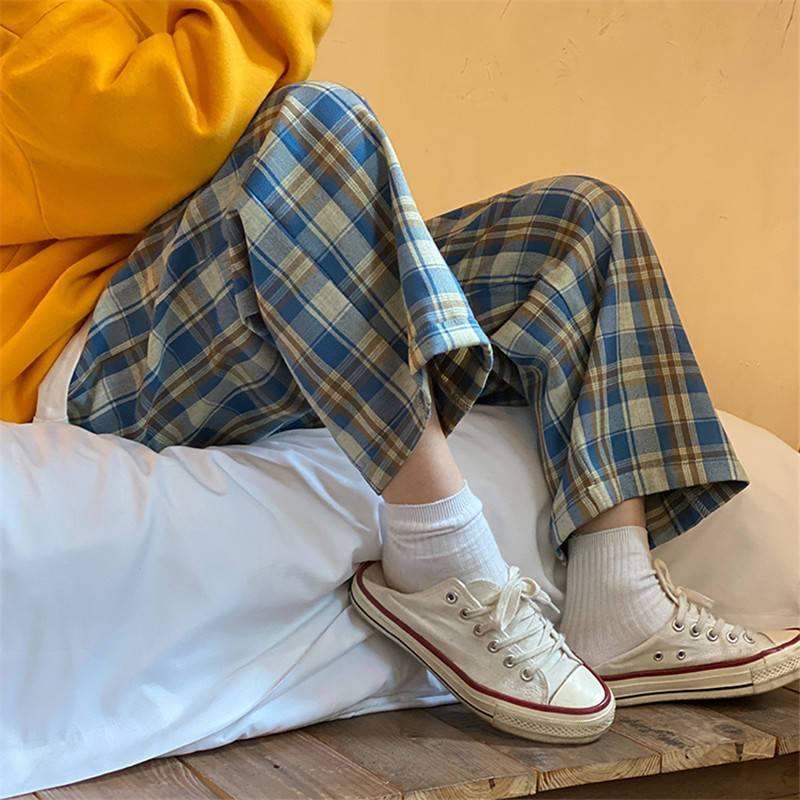 Spodnie W Kratę Damskie Jesienne Spodnie Z Szerokimi Nogawkami Dla Kobiet W Stylu Koreańskim Spodnie W Kratę Z Wysokim Stanem Oversize Spodnie Damskie Harajuku