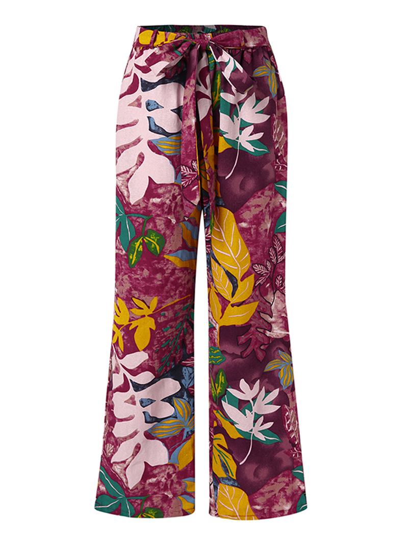 Spodnie W Stylu Retro Z Wysokim Elastycznym Pasem W Kwiaty Z Kwiatowym Nadrukiem I Paskiem