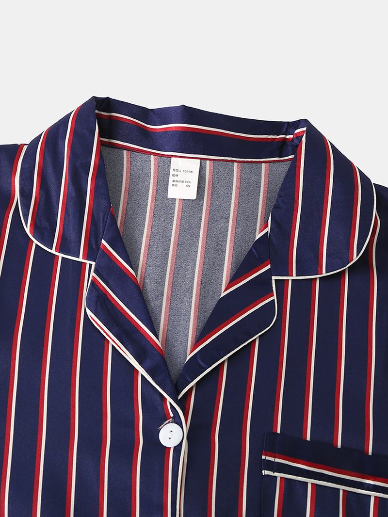 Stripe Camp Collar Kieszeń Z Długim Rękawem Elastyczny Pas Faux Silk Home Zestawy Piżam Dla Kobiet