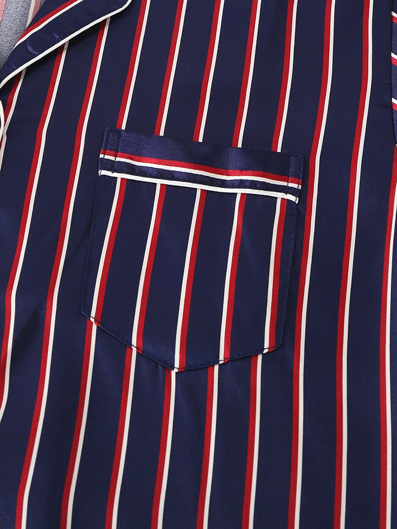 Stripe Camp Collar Kieszeń Z Długim Rękawem Elastyczny Pas Faux Silk Home Zestawy Piżam Dla Kobiet