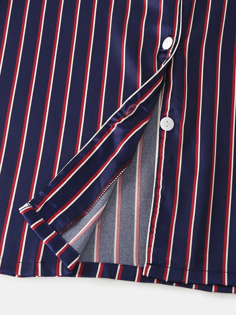 Stripe Camp Collar Kieszeń Z Długim Rękawem Elastyczny Pas Faux Silk Home Zestawy Piżam Dla Kobiet