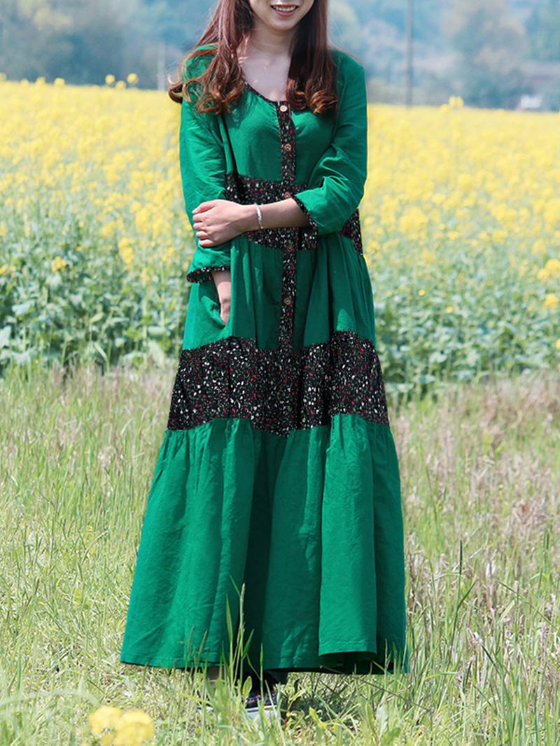 Sukienka Maxi Z Nadrukiem W Stylu Vintage Z Guzikami 3/4 Rękawa