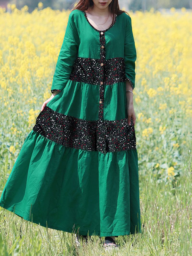 Sukienka Maxi Z Nadrukiem W Stylu Vintage Z Guzikami 3/4 Rękawa