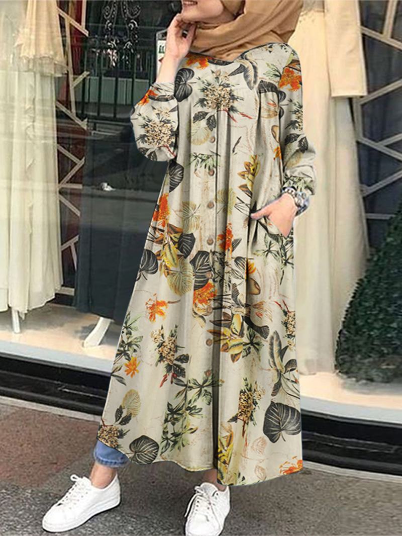 Sukienka Maxi Z Tuniką Kaftan W Kwiaty Z Nadrukiem Liści Z Przodu I Bocznymi Kieszeniami