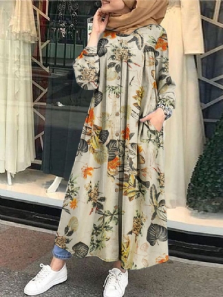 Sukienka Maxi Z Tuniką Kaftan W Kwiaty Z Nadrukiem Liści Z Przodu I Bocznymi Kieszeniami