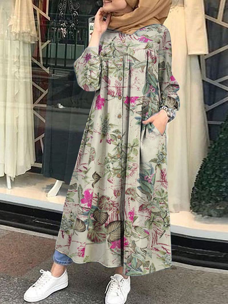 Sukienka Maxi Z Tuniką Kaftan W Kwiaty Z Nadrukiem Liści Z Przodu I Bocznymi Kieszeniami