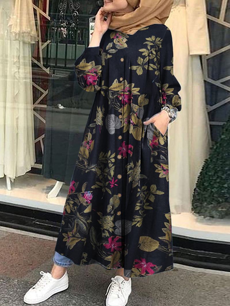 Sukienka Maxi Z Tuniką Kaftan W Kwiaty Z Nadrukiem Liści Z Przodu I Bocznymi Kieszeniami