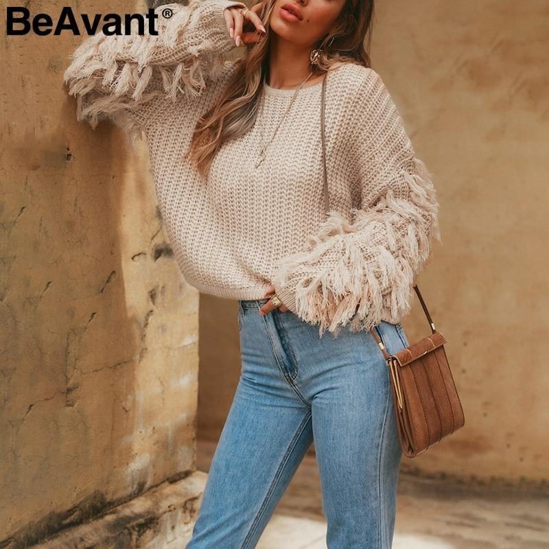 Sweter Z Dzianiny Z Frędzlami Sweter Damski Luźny Casual Zieleń Wojskowa Sweter Zimowy Damski O Neck 2018 Jesienny Sweter Pull Femme