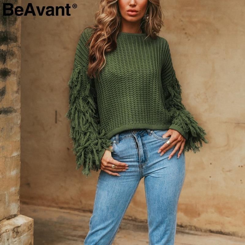 Sweter Z Dzianiny Z Frędzlami Sweter Damski Luźny Casual Zieleń Wojskowa Sweter Zimowy Damski O Neck 2018 Jesienny Sweter Pull Femme