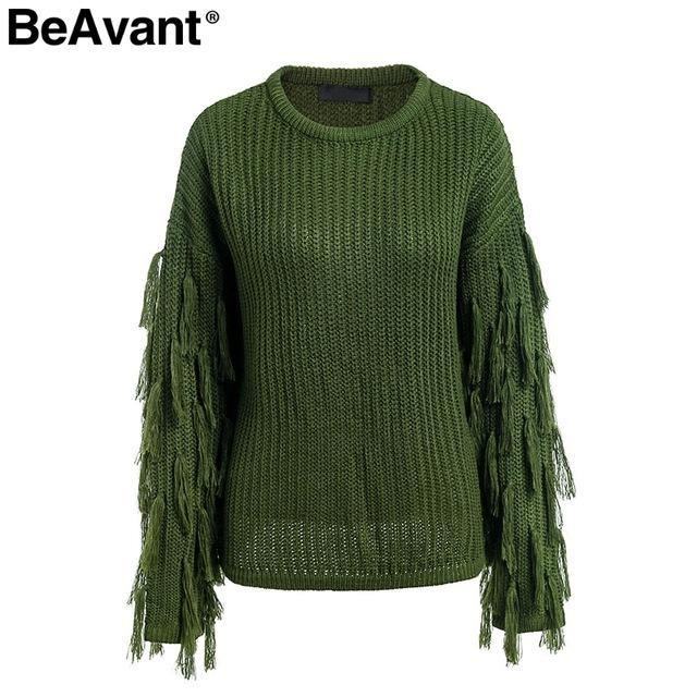 Sweter Z Dzianiny Z Frędzlami Sweter Damski Luźny Casual Zieleń Wojskowa Sweter Zimowy Damski O Neck 2018 Jesienny Sweter Pull Femme