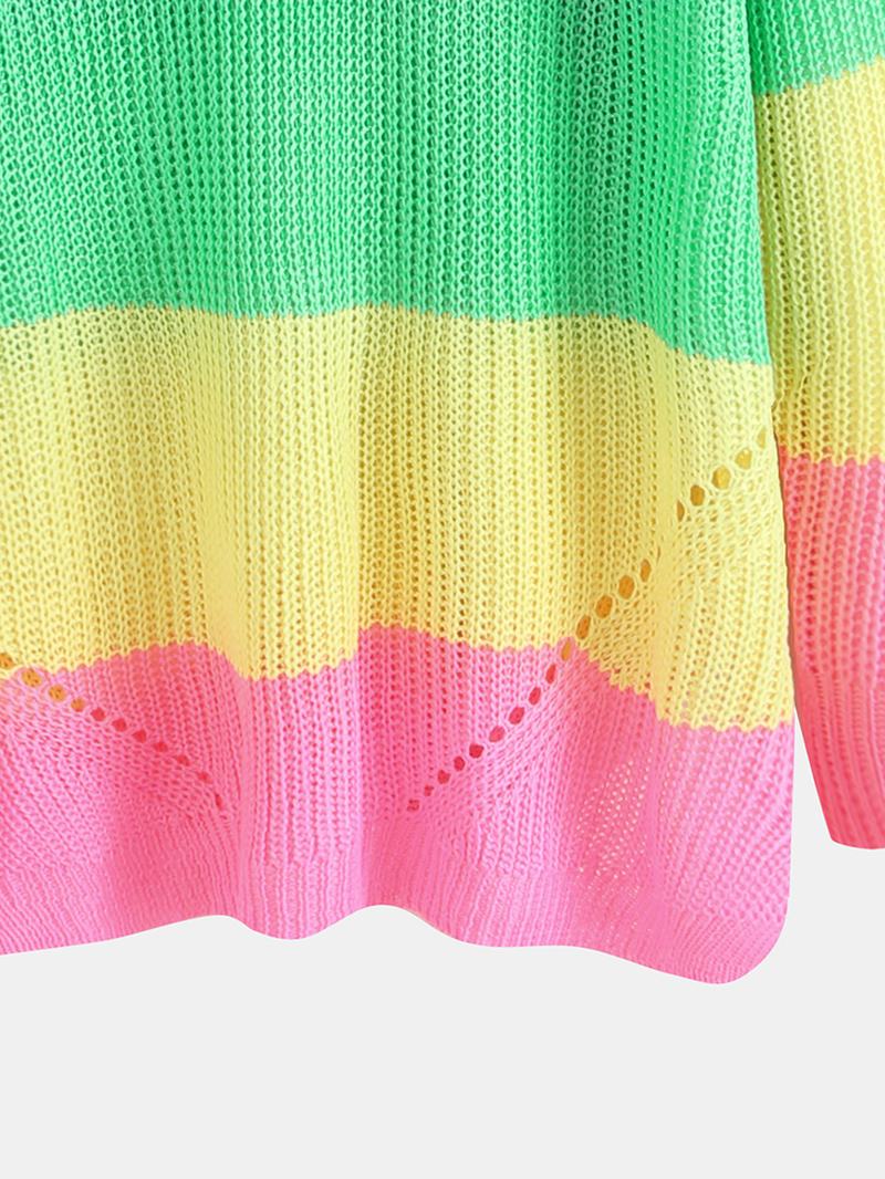 Swetry W Kolorowe Paski Z Długim Rękawem Dekolt W Szpic Tęczowe Paski