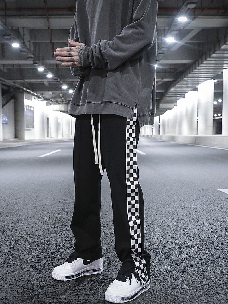 Szachownica Side Split Proste Spodnie Dresowe Hip-hop Drop Feeling Ułożone Sznurkiem Casual Pants Męskie