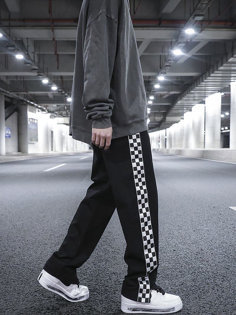 Szachownica Side Split Proste Spodnie Dresowe Hip-hop Drop Feeling Ułożone Sznurkiem Casual Pants Męskie