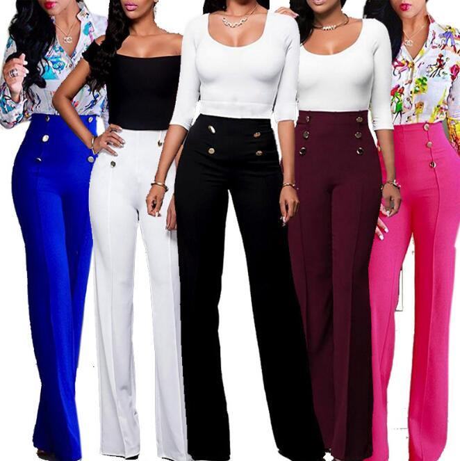 Szerokie Nogawki Damskie Spodnie Z Wysokim Stanem Przycisk Plus Size Flare Casual Pants Office Lady Luźne Spodnie Palazzo Ze Stretchem