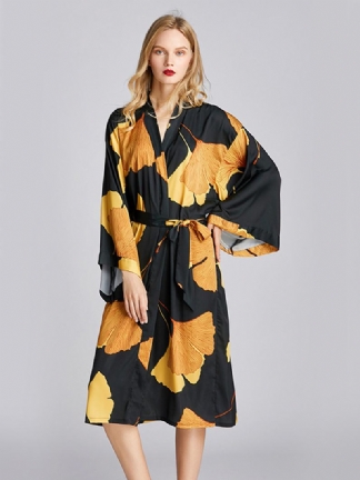 Szlafrok Kimono Z Długim Rękawem I Nadrukiem W Kwiaty Jedwabna Koszula Nocna Midi