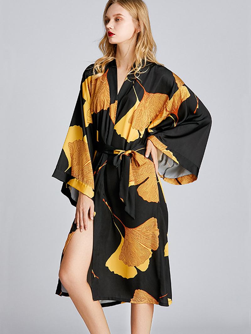 Szlafrok Kimono Z Długim Rękawem I Nadrukiem W Kwiaty Jedwabna Koszula Nocna Midi