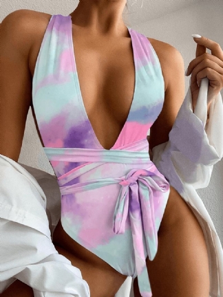 Tie Dye Backless Bandaż High Fork Holiday One Piece Damskie Beach Swimwear