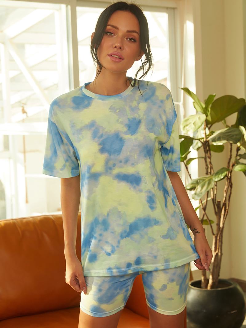 Tie Dye Drukowanie Damskie Summer Sports Dwuczęściowy Top Casual T-shirty