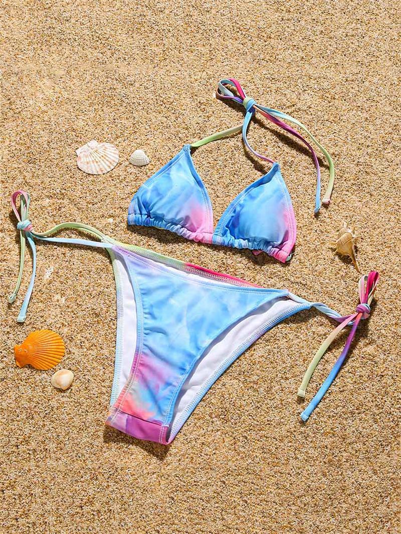 Tie Dye Drukowanie Halter String Bikini Z Długim Rękawem Cover Up Trzyczęściowe Zestawy