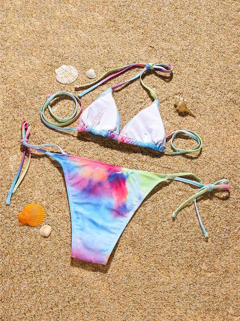 Tie Dye Drukowanie Halter String Bikini Z Długim Rękawem Cover Up Trzyczęściowe Zestawy