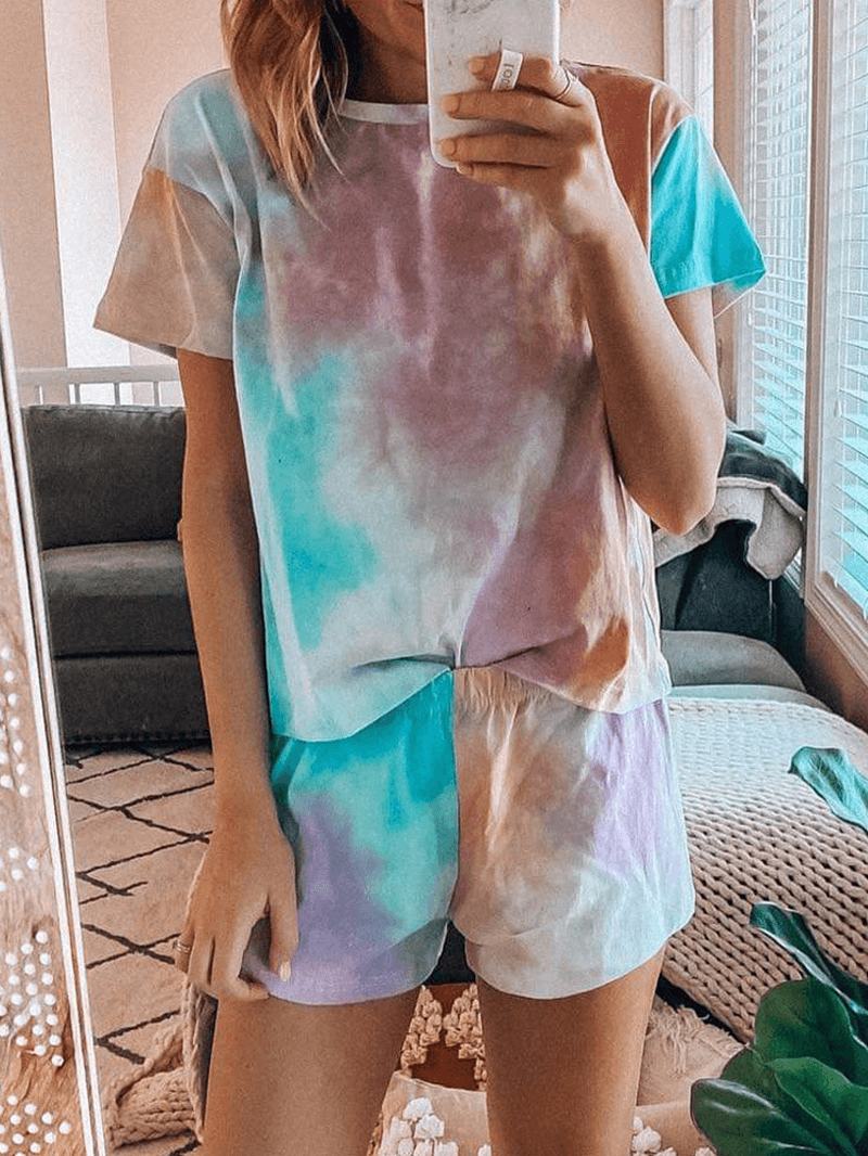 Tie Dye Drukowanie Loungewear Set Dreadient Dwuczęściowa Piżama Z Krótkim Rękawem