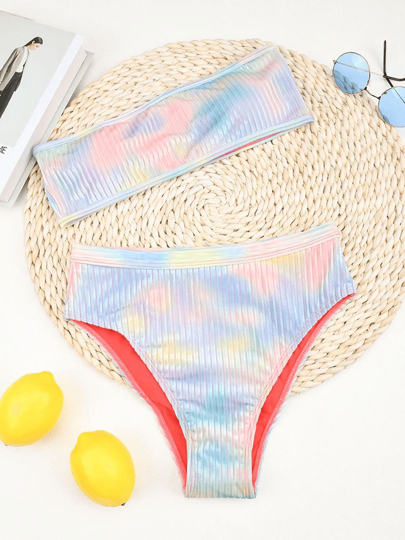 Tie Dye Drukowanie Prążkowane Bezprzewodowe Bikini Bandeau Z Wysokim Stanem