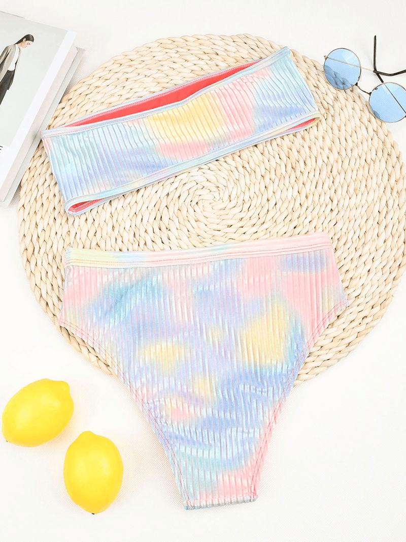 Tie Dye Drukowanie Prążkowane Bezprzewodowe Bikini Bandeau Z Wysokim Stanem