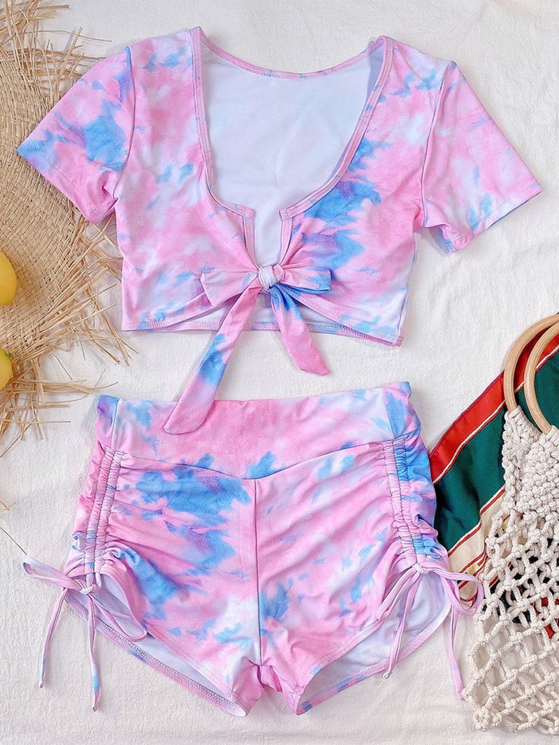 Tie Dye Krótki Rękaw Wiązane Top Side Sznurek Szorty Wakacje Casual Wysoka Talia Kobiety Bikini