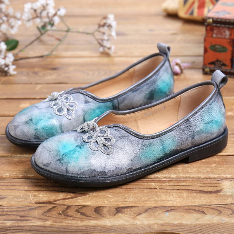 Tie-dyed Leather Chinese Węzeł Decor Miękki Poślizg Na Płaskich Butach