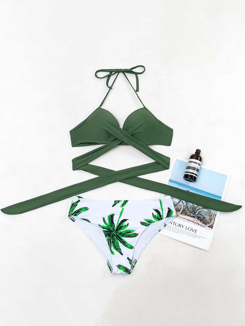 Tropical Leaf Drukowanie Halter String Bandaż Wysoka Talia Damskie Beach Bikini