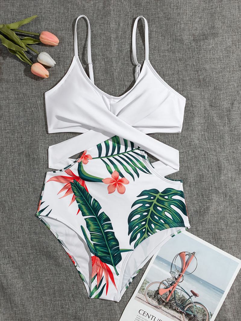 Tropical Plant Drukowanie Crisscross Cut Out Strappy One Piece Hawaii Style Damskie Swimwear