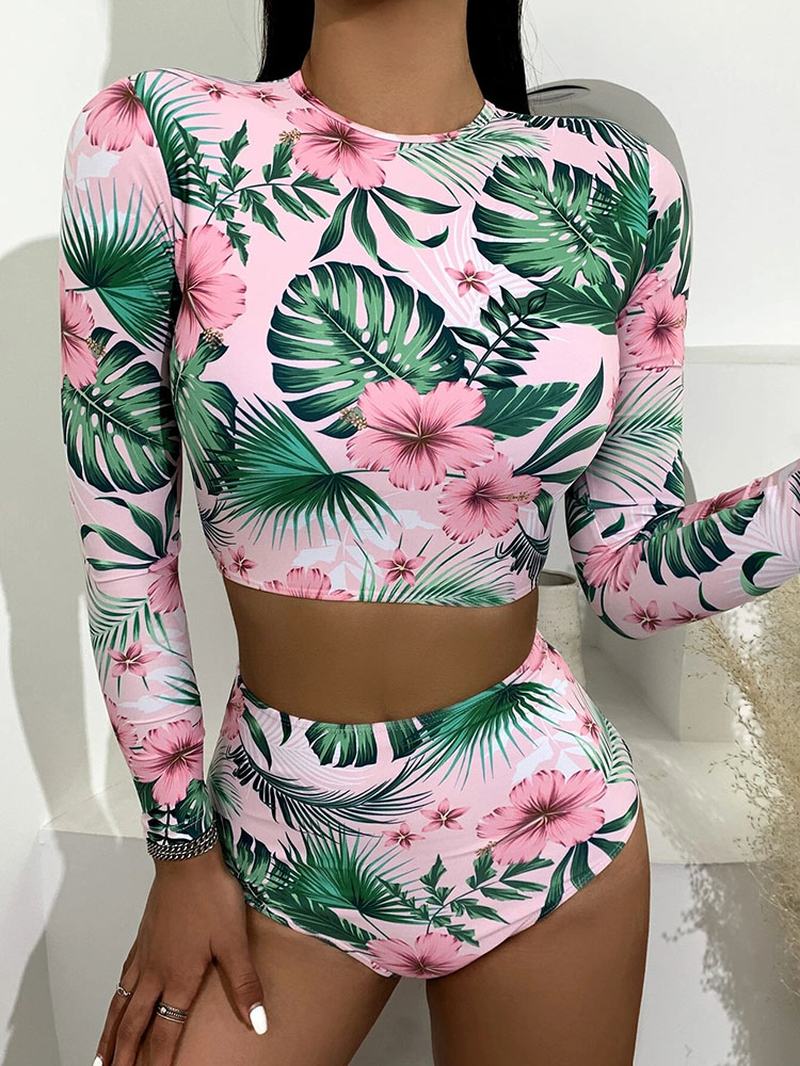 Tropical Plant Drukowanie Zip Back Z Długim Rękawem Bikini Z Wysokim Stanem Damskie Beach Swimsuit