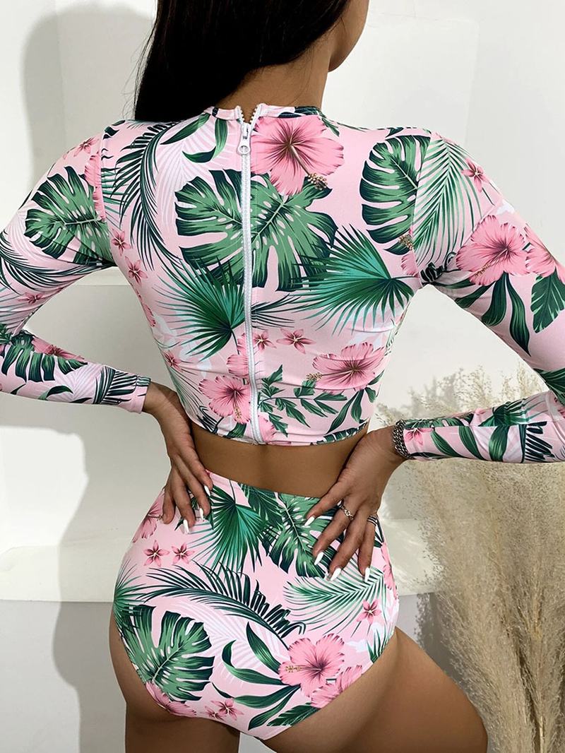 Tropical Plant Drukowanie Zip Back Z Długim Rękawem Bikini Z Wysokim Stanem Damskie Beach Swimsuit