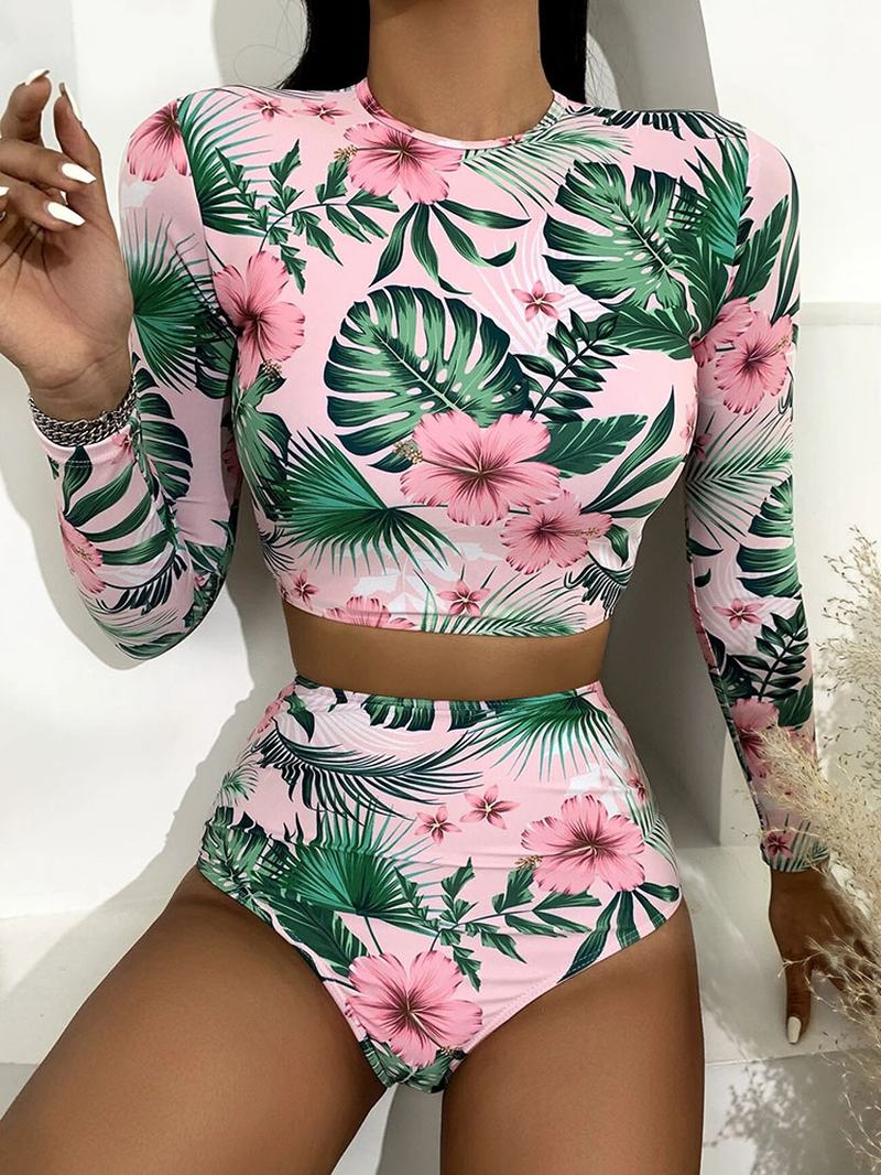 Tropical Plant Drukowanie Zip Back Z Długim Rękawem Bikini Z Wysokim Stanem Damskie Beach Swimsuit