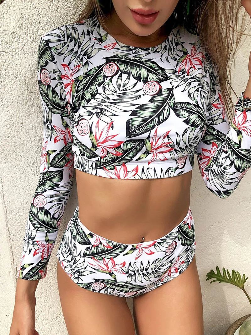 Tropical Plant Drukowanie Zip Back Z Długim Rękawem Bikini Z Wysokim Stanem Damskie Beach Swimsuit