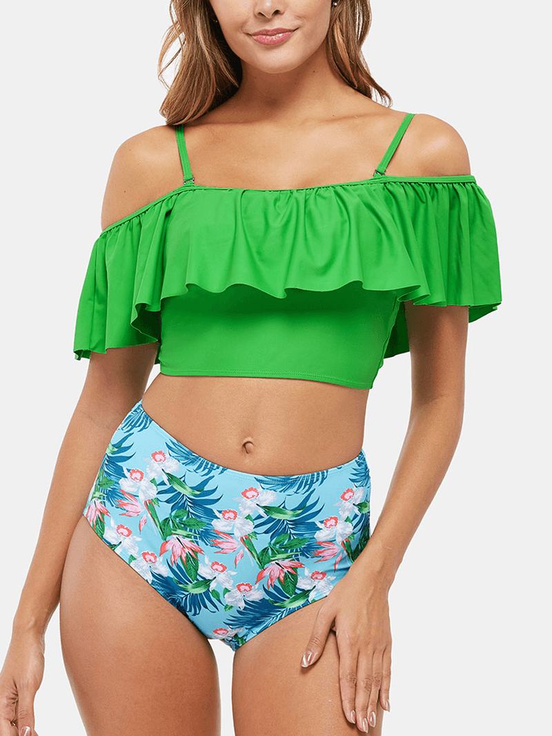 Tropikalna Roślinna Falbana Z Wysokim Stanem Bikini Hawaii Casual Strój Kąpielowy Dla Kobiet